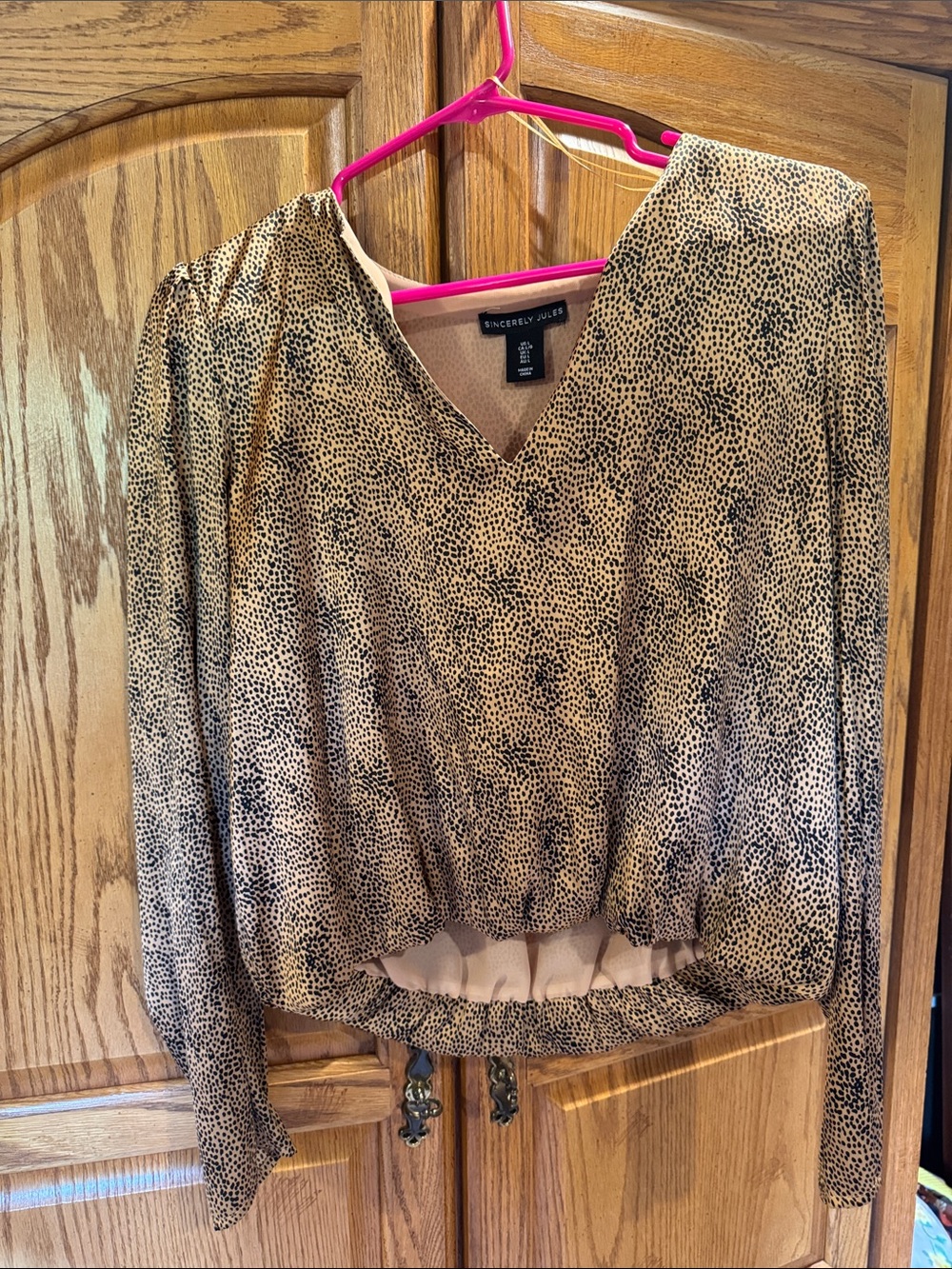 Sincerly Jules Tan and Black Animal Print V-Neck Long Sleeve Blouse
